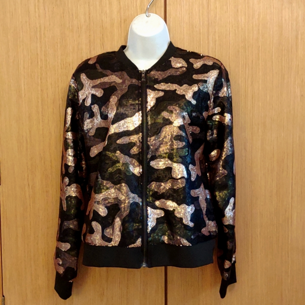 Say What? SZ M BLK/Gold/Green Sequin Zip Front Jacket.